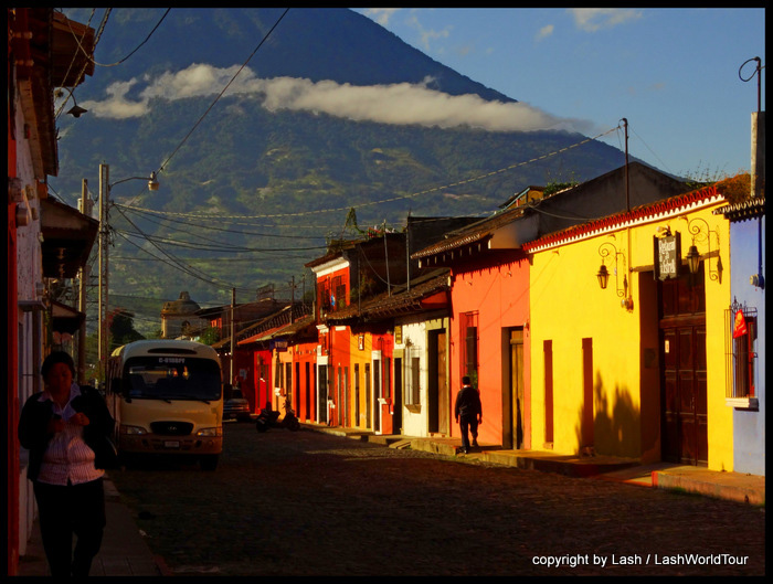 Antigua shops at sunrise with Volcan Agua 