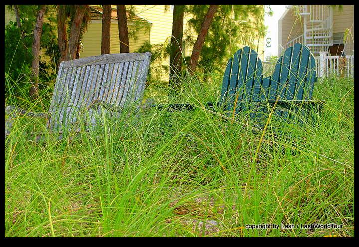 Wooden beach chairs in dunes