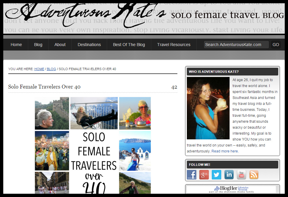 Adventurous Kate article on female travel bloggers over 40