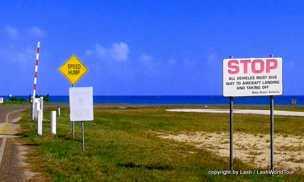 road signs at tiny Placencia airport - Belize