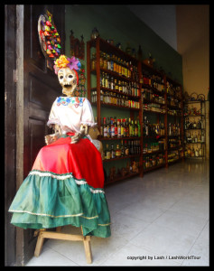 Skeleton mascot at a tequila shop in Valladolid - Yucatan