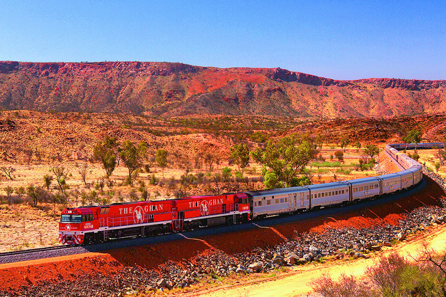 Ghan Train in Australian outback - photo by  Travelscopy on Flickr CC