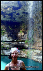 Lash at cenote with waterfall