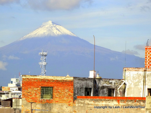 Popo Volcano from rooftop in Puebla
