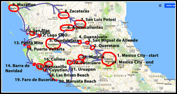 Map of my route in Central Mexico
