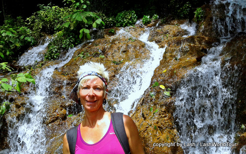 LashWorldTour at waterfall on Ruta de Flores