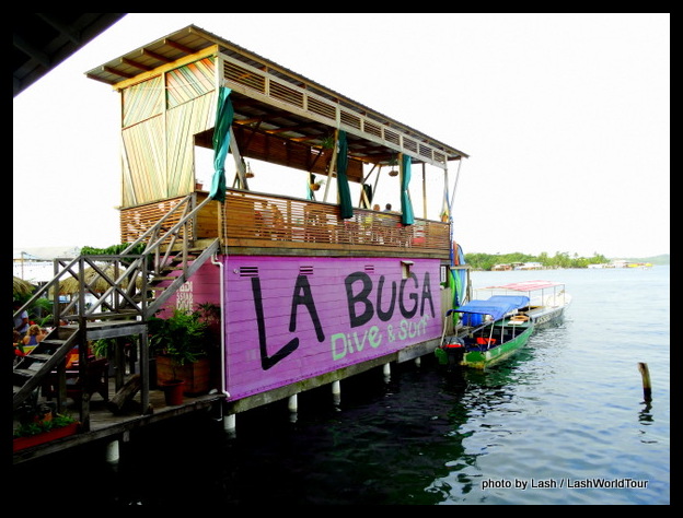 Colorful wooden restaurant & dive shop in Bocas del Toro town