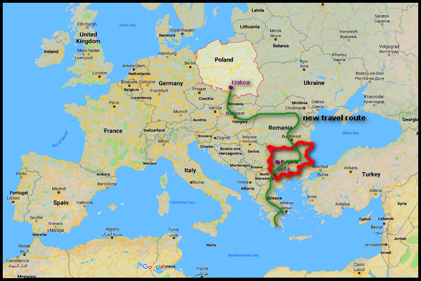 map of Eastern Europe - Poland & Bulgaria with travel route