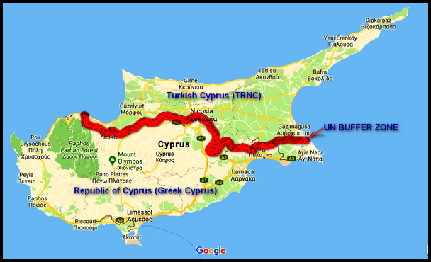 Cyprus with Greek & Turkish sides marked